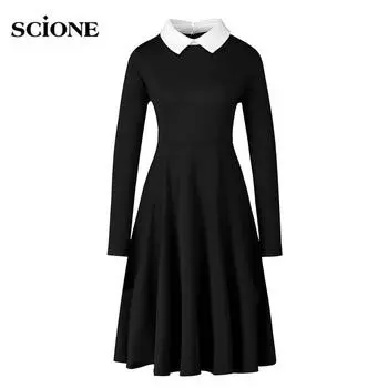 Готическое женское платье, элегантное платье трапециевидной формы, женское черное винтажное платье с воротником Питера Пэна и длинными рукавами S чёрный