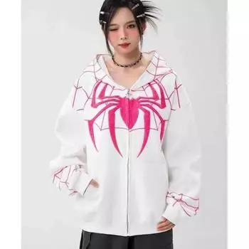Готика Y2k Аниме Вышивка Молния Паук Толстовки Толстовка Одежда Harajuku Oversize Хип-хоп Длинный рукав Толстовка Мужчины Женщины M белый