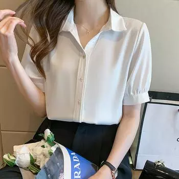 Готовая атласная рубашка, женская летняя свободная рубашка с короткими рукавами, темпераментная вертикальная рубашка с металлической пряжкой, модная тонкая шифоновая рубашка S белый