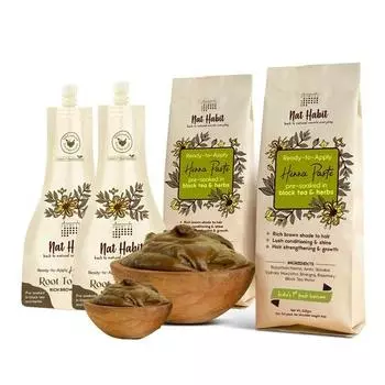 Готовая к применению паста из хны Nat Habit и средство для окрашивания корней — идеальное сочетание для глубокого кондиционирования волос (Комбо-пакет из 3 шт.)