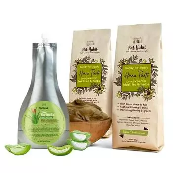 Готовая к применению паста из хны Nat Habit и чистый гель алоэ вера — идеальное сочетание для ухода за волосами и насыщенного темно-коричневого цвета (Комбо-пакет из 3 шт.)