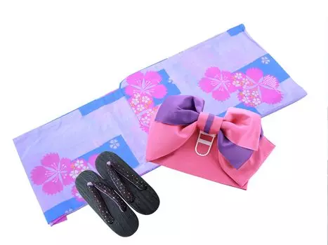 Готовы оценить выгодную и удобную счастливую юкату? Бесплатная одежда [SAKIKU-EN] на летний фестиваль фейерверков! Женская юката, комплект из 3 предметов, юката, оби, гэта, сумка, светло-фиолетовый