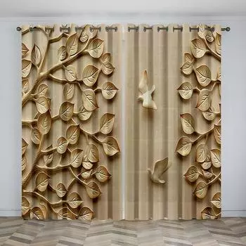 Готовые тонкие оконные шторы с золотыми листьями и цветами для детей, спальни, гостиной, ванной, кухни, двери, прихожей, шкафа для дома, 2 шт. W50 X H130(CM)X2&Hook