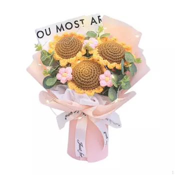 Готовый букет из вязаных крючком цветов с гирляндой, готовый вязаный букет, подарки на день рождения розовый