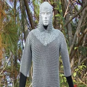 Готовый к битве средневековый кольчужный доспех Хабергеон с капюшоном