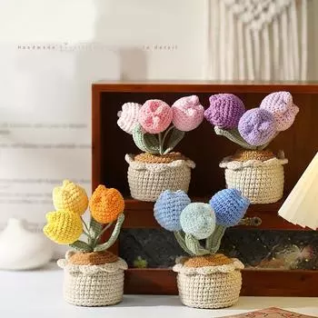 Готовый плетеный тюльпан ручной работы, украшение для дома в горшке, вязаный крючком цветок-имитатор, плетеный пухлый тюльпан