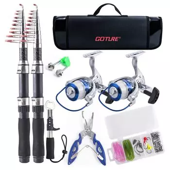 Goture Fishing Fishing 2 x Carbon Telescopic Fishing 2 спиннинговые катушки с рыболовными принадлежностями, такими как Power Fish Grip Fishing, включают в себя
