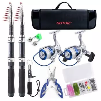 Goture Fishing Fishing 2 x Carbon Telescopic Fishing 2 спиннинговые катушки с рыболовными принадлежностями, такими как Power Fish Grip Fishing Storage Bag