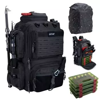 Goture Fishing Fishing Tackle 45L Large 900D Oxford Includes Four 3600 Lure Rain Rod Tackle Perfect for and Outdoor Black Backpack, Bag, Capacity, чёрный