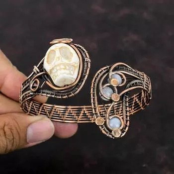 Говлитовый браслет, браслет-манжета из медной проволоки, регулируемый браслет ручной работы, браслет-манжета с черепом и костью лица, браслет-манжета с радужным лунным камнем, ювелирные изделия из драгоценных камней