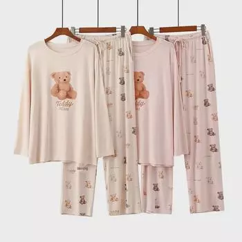 GP Женская свободная пижама с круглым вырезом и рисунком плюшевого мишки из мультфильма — топ с длинными рукавами и брюки на весну, осень и зиму 2024 года. One Size (80-145 jin)