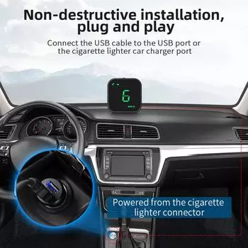 GPS-спидометр Проекционный дисплей Отображение направления движения Отображение времени Сигнал превышения скорости Сигнал усталости от вождения зелёный