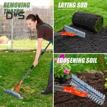 Грабли для прополки, стальные грабли для соломы с регулируемыми двухсторонними зубьями, съемная длинная ручка, грабли для ухода за садовой травой для здорового газона 15Inch