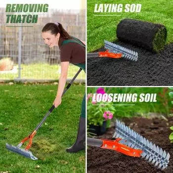 Грабли для прополки, стальные грабли для соломы с регулируемыми двухсторонними зубьями, съемная длинная ручка, грабли для ухода за садовой травой для здорового газона 15Inch