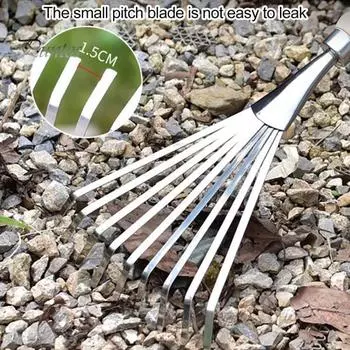 Грабли садовые из нержавеющей стали с деревянной ручкой, 9-зубчатые ручные грабли для газона, сада, цветников, листьев и мусора