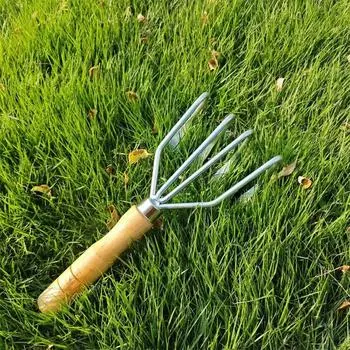Грабли садовые ручные с 4 зубьями, грабли для прополки с деревянной ручкой, садовые инструменты, мотыга для сбора сорняков 4 Teeth