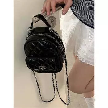 Graceful Backpack Bag Women 2025 New Fashion Korean Series Portable Small Backpack Rhombus Chain Shoulder Messenger Bag Black