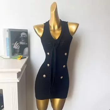 Graceful Socialite Heavy Industry Jacquard Slim fit V-neck Sheath Sleeveless Dress Women Spring and Summer New Vest Suspender Skirt Black [metal button]] All yards