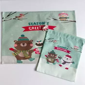 Grade One Primary School Student Cotton and Linen Placemat Waterproof Oil-Proof Lunch Table Mat 40 * 60cm Heat Proof Mat Artistic Tablecloth Christmas Bear + same storage bag 40*60cm