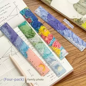 Grade Three Class Two Airbrush Painting Ruler with Wavy Line Ruler Elementary School Student Good-looking Drawing Measurement Plastic Ruler [Four Pack] Family photo