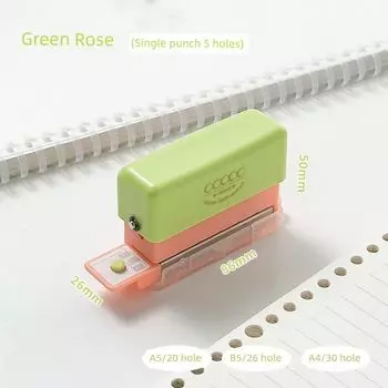 Grade Three Class Two Five-Hole Puncher Loose Spiral Notebook Punching Machine Small Hand Account Hole Punch Handmade Paper Bookbinding Machine K [5 hole punch] Green rose powder