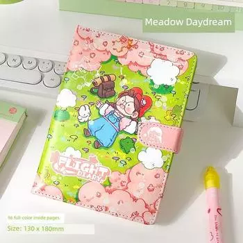 Grade Three Class Two Hemp Ball Flight Diary Leather Buckle High-Looking Ins Cartoon Journal Book Girls Notebook [96 full-color inside pages] grass Daydream