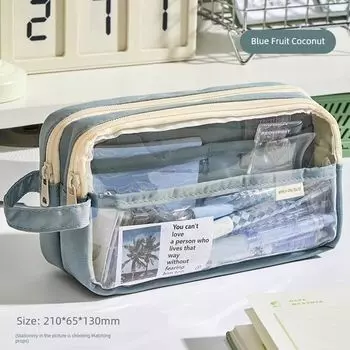 Grade Three Class Two Large Capacity Pencil Case Transparent Good-looking Girl Simple Stationery Box Pencil Box Boy Stationery Case Blue Fruit Coconut