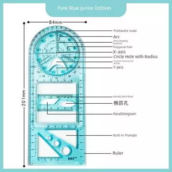 Grade Three Class Two Multifunctional Ruler Suit Ruler Student Only Set Square Protractor Student Stationery Ruler K Junior Edition-Pure Blue