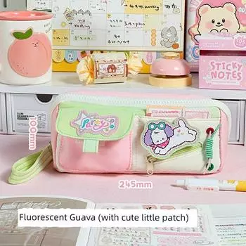 Grade Three Class Two New Arrival Cute Large Capacity Pencil Case Student Only Stationery Storage Bag Female Good-looking Pencil Case School Opening Fluorescent Guava [send small Patch]]