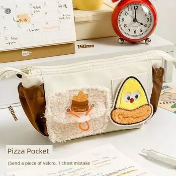Grade Three Class Two Polar Fleece Velcro Pencil Case Large Capacity Patch Stationery Case 2025 New Arrival Student Pencil Case K Pizza Pocket (Send 2 Velcro 1 Brooch)