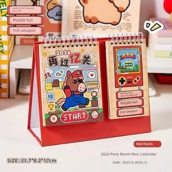 Grade Three Class Two Pony Entrance Desk Calendar 2026 New Arrival Good-looking Calendar Desktop Decoration Notebook Memo Red Mario