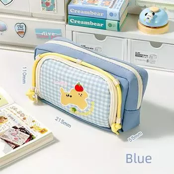 Grade Three Class Two Retro Gingham Window Pencil Case Large Capacity Primary School Junior High School Student Only Good-looking Stationery Case Blue