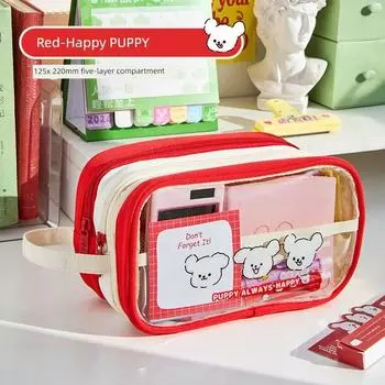 Grade Three Class Two Three-Layer Large Capacity Pencil Case Primary School Girls 2025 New Arrival Boy Good-looking Pencil Box Stationery Box Happy PUPPY-Red