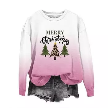 Gradient Christmas Style Digital Print T Shirt Casual Women s Long Sleeved Tops S