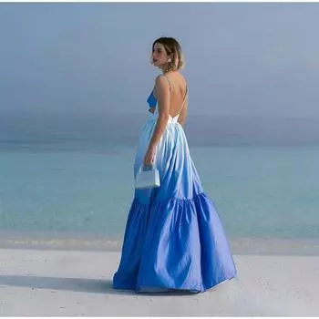 Градиент цвета выдалбливает плиссированное платье макси женское с v-образным вырезом без рукавов слинг Vestidos 2024 летние каникулы свободные халаты S синий