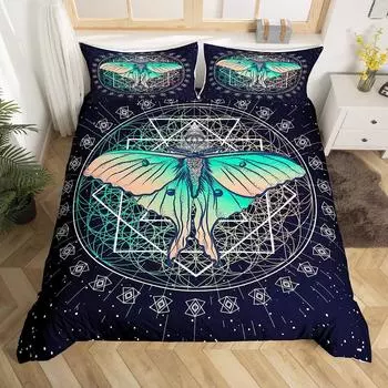 Gradient Green Death Moth Duvet Cover Butterfly Animal Zodiac Galaxy Bedding for Boys Girls Gothic Moth Skeleton Boho Room Decor 70x133cm 2pcs
