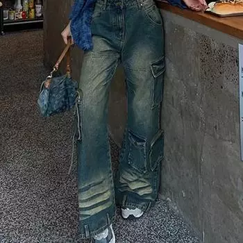 Градиентные джинсы с карманом Techwear Boyfriend Baggy Loose Wide Straight Leg Casual Denim Pant harajuku y2k hiphop bf fabric new XS синий