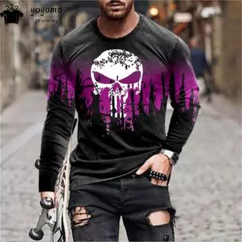 Градиентный узор с принтом Мужская одежда Повседневные длинные рукава Модные футболки для мужчин Мужская футболка с круглым вырезом Футболки с рисунком черепа Топ S