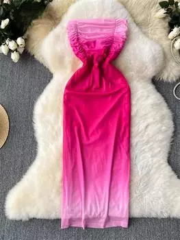 Градиентные сексуальные платья без бретелек с открытой спиной, складные рукава и открытой спиной, женский шикарный облегающий облегающий сарафан, элегантная вечерняя одежда S розовый