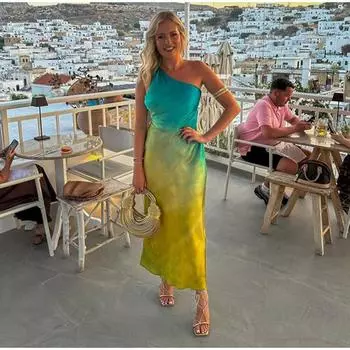 Градиент Tie Dye Длинные платья Женские элегантные атласные одно плечо без рукавов спинки тонкое летнее шикарное женское вечернее платье S