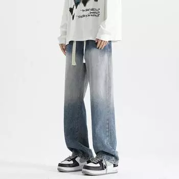 Gradient Washing Trendy Jeans Men s Spring and Summer New Loose Straight Wide-leg Trousers S синий