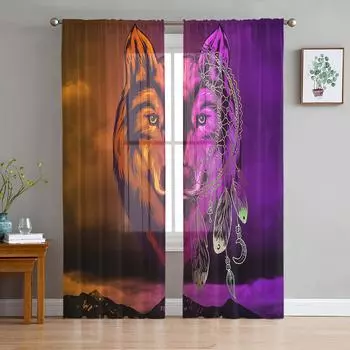 Gradient Wolf Dream Catcher Chiffon Sheer Curtains for Living Room Bedroom Home Decoration Window Voile Tulle Curtain Drapes W135 x H114cm