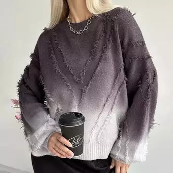 Градиентная бахрома ленивый стиль джемпер женский осень и зима модный трикотаж топы с V-образным вырезом L серый