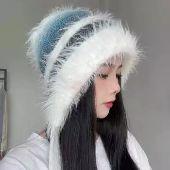 Градиентная цветная плюшевая вязаная шапка для женщин, теплая зимняя защитная вязаная шапка для ушей one size fits all белый