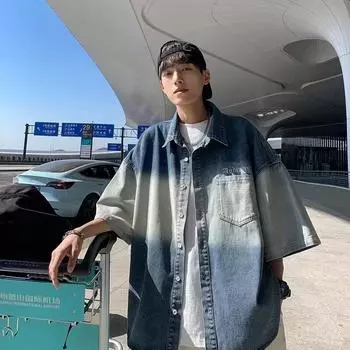 Градиентная джинсовая рубашка, мужская и женская с короткими рукавами, летняя американская модная брендовая рубашка с нишевым дизайном, модная брендовая куртка-рубашка 2XL зелёный