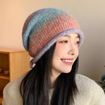 Градиентная шапка с завязками на ворсе для женщин с закругленными краями, вязаный носок, холодная шапка, которая выглядит маленькой на лице ONE SIZE