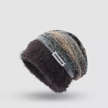 Градиентная свободная шапка Зимняя теплая и холодная шапка Цветная блоковая стекированная шапка Плюшевая ворсовая шапка кофейный