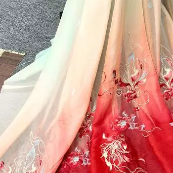 Градиентная вышивка Koi Lotus Leaf Ткань Шифон Китайский стиль Дизайнерская ткань DIY Швейные сценические костюмы Рубашки платьев Hanfu 100x150cm