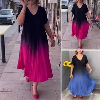 Градиентное макси-платье для женщин, летнее, свободного покроя, длинное платье больших размеров, повседневное, с V-образным вырезом, коротким рукавом, струящееся платье А-силуэта S красный