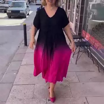 Градиентное макси-платье для женщин, летнее, свободного покроя, длинное платье больших размеров, повседневное, с V-образным вырезом, коротким рукавом, струящееся платье А-силуэта S красный